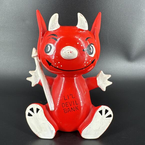 Vintage Li'l Devil Ceramic Coin Piggy Bank w/Stopper MCM Kitschy Style REPAIR - Picture 1 of 16
